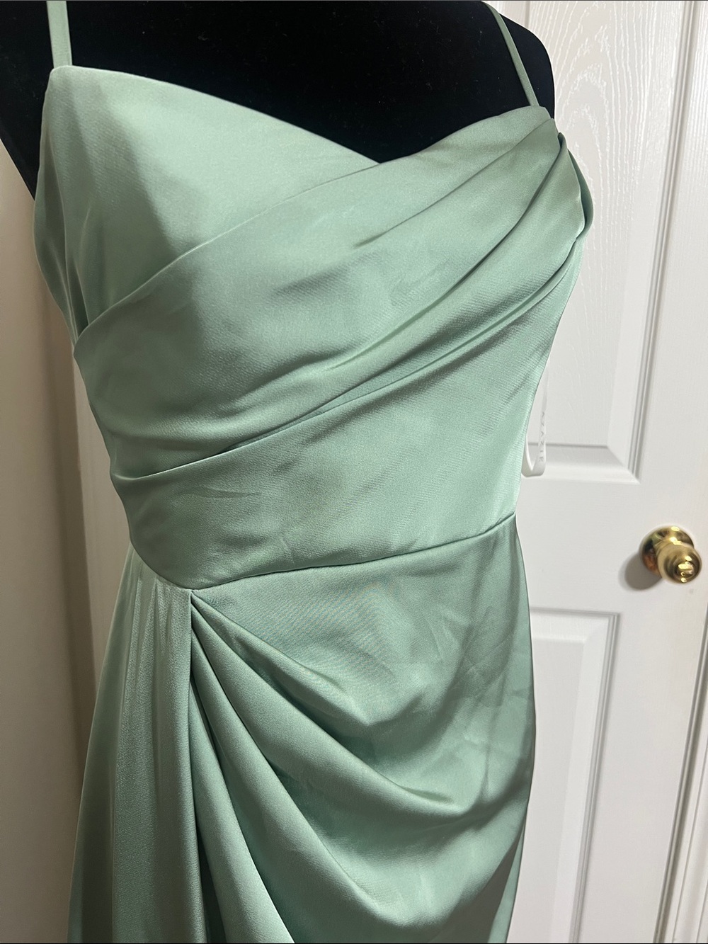 Azazie Sage Green Satin Draped Spaghetti Strap Gown - Picture 3 of 16